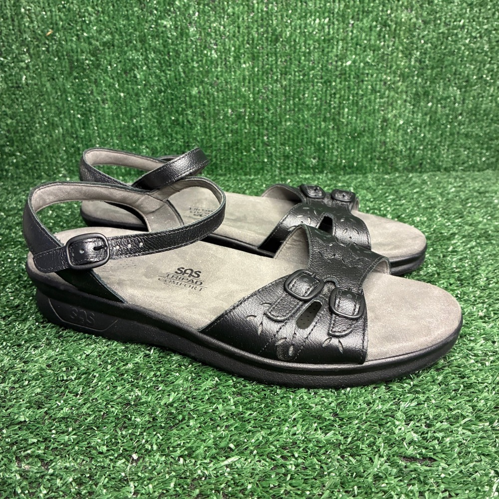 SAS Duo Tripad Comfort Leather Strappy Walking Sandals Black Womens Sz 9.5 Wide